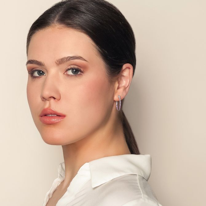 Pink Sapphire Ombre & Diamond Inside Out Hoop Earrings in White Gold